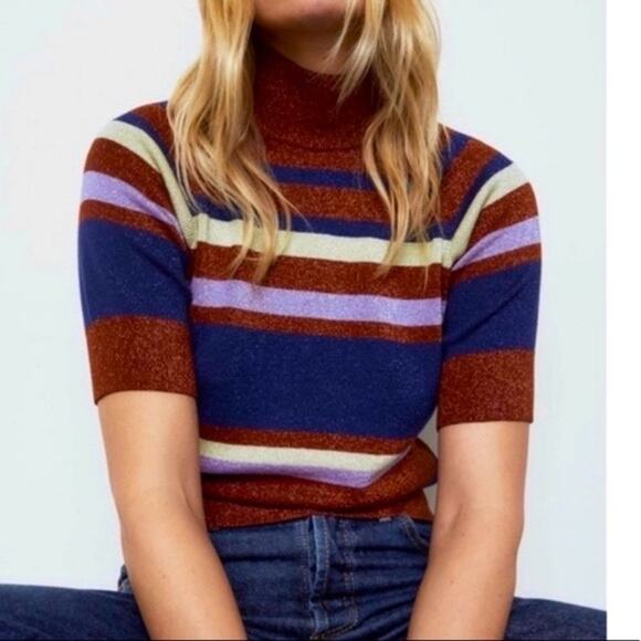 Zara Red Navy Striped Metallic Knit High Mock Neck Short Sleeve Sweater Size S - Picture 2 of 8